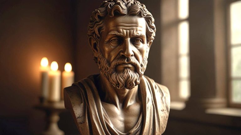 Ajaran Cleanthes tentang Mencari Kebijaksanaan: 5 Panduan Penting untuk Para Pencari di Zaman Modern Ajaran Cleanthes tentang mencari kebijaksanaan digambarkan dalam patung dada Cleanthes yang tenang dan reflektif, yang melambangkan ketangguhan dan filosofi ketahanan.